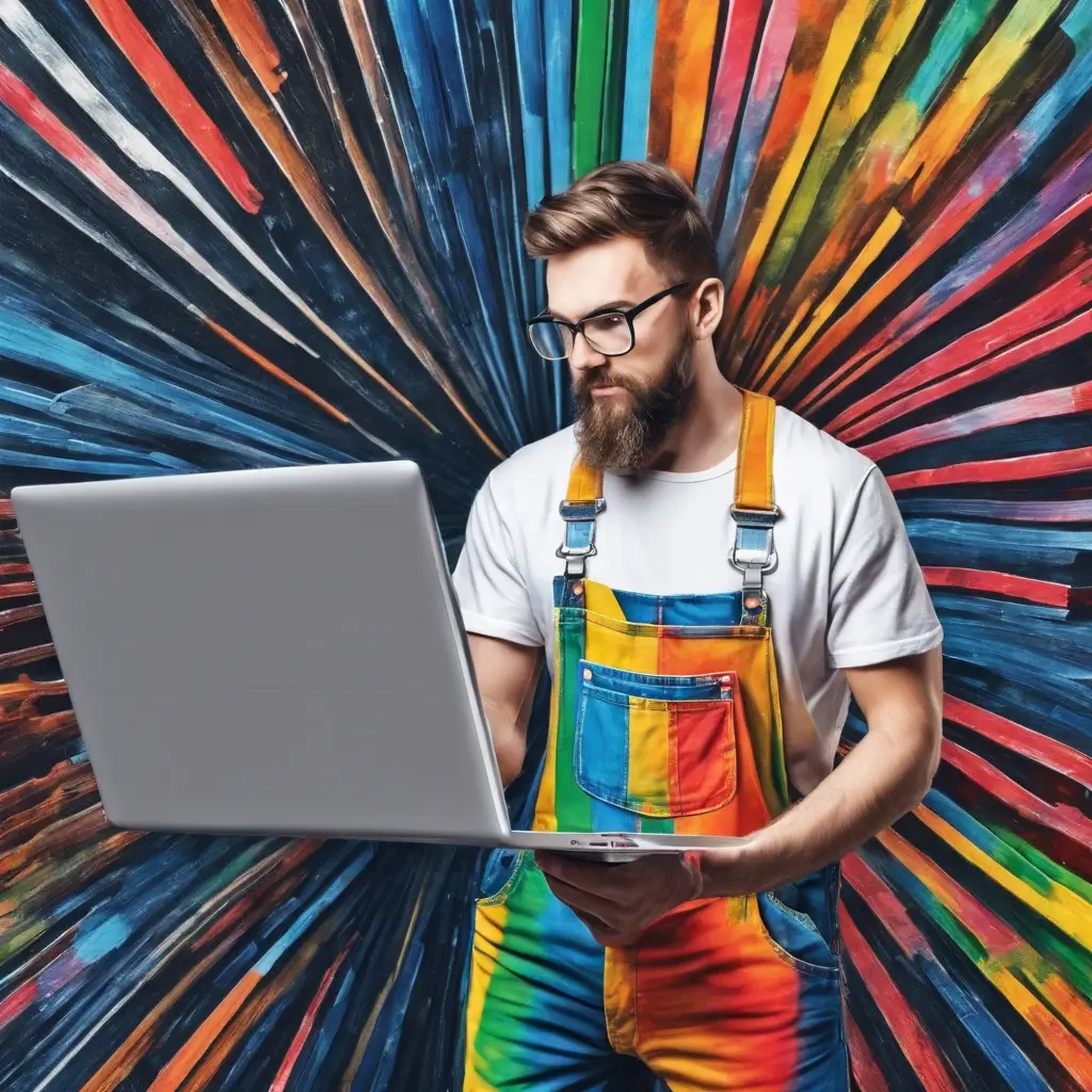 web developer in bright overalls creatively coding on laptop